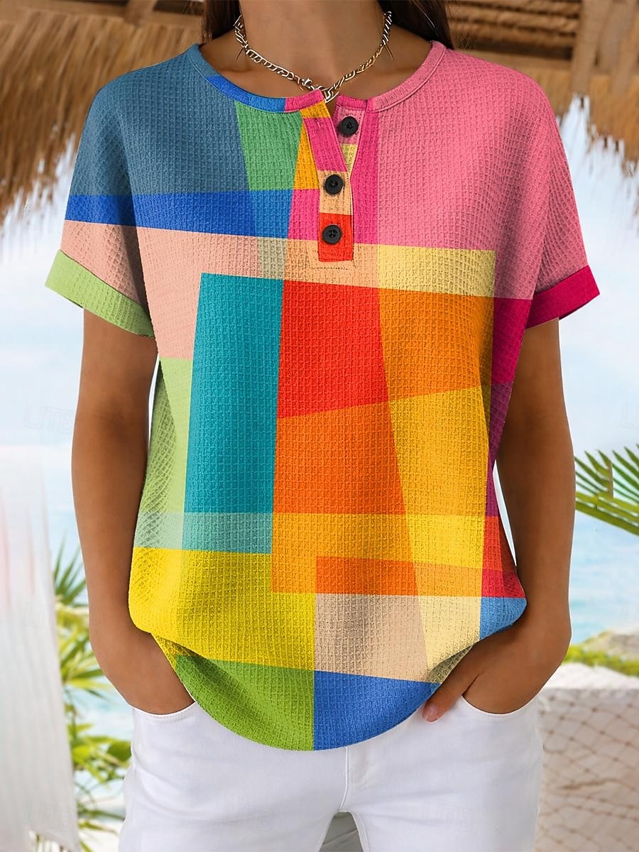 T-shirt waffle per donna stampa grafica a blocchi di colore geometrica vintage elegante classica manica corta collo rotondo top regolari quotidiani blu rosso viola arancione estate primavera del 2026 a $24.99 –P1