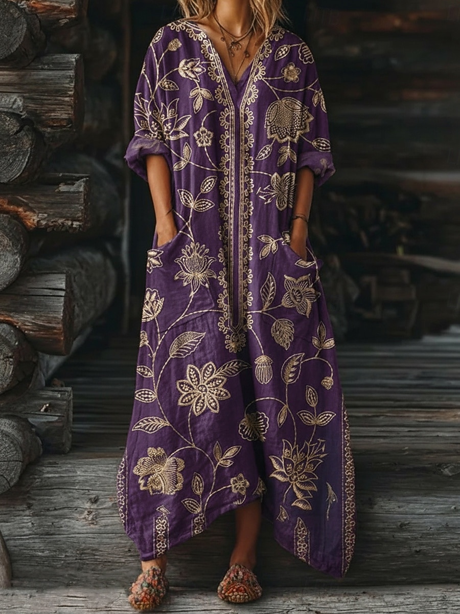 Dame Maxikjole Boho-kjole Uformell kjole Print kjole Årgang utendørs Feriereise Helg Løstsittende Blomstret Grafisk Langermet V-hals Blå Vin Lilla Grønn Sommer Vår Høst 2026 - $37.99 –P5