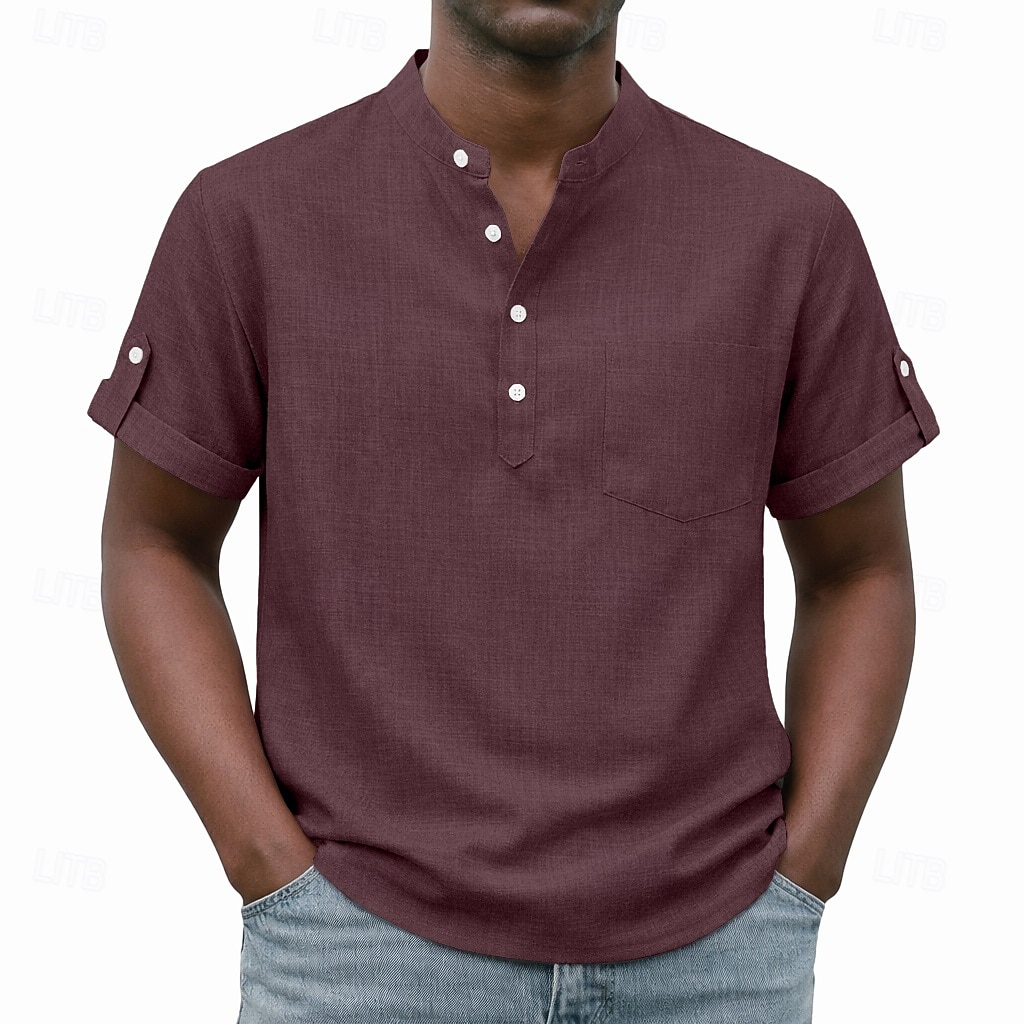 Men's Shirt Popover Shirt Casual Shirt Button Up Shirt Light Pink Black Yellow Light Green Pink Short Sleeve Plain Grandad Collar Casual Daily Clothing Apparel Elegant Fashion Casual 2026 - $26.99 –P11