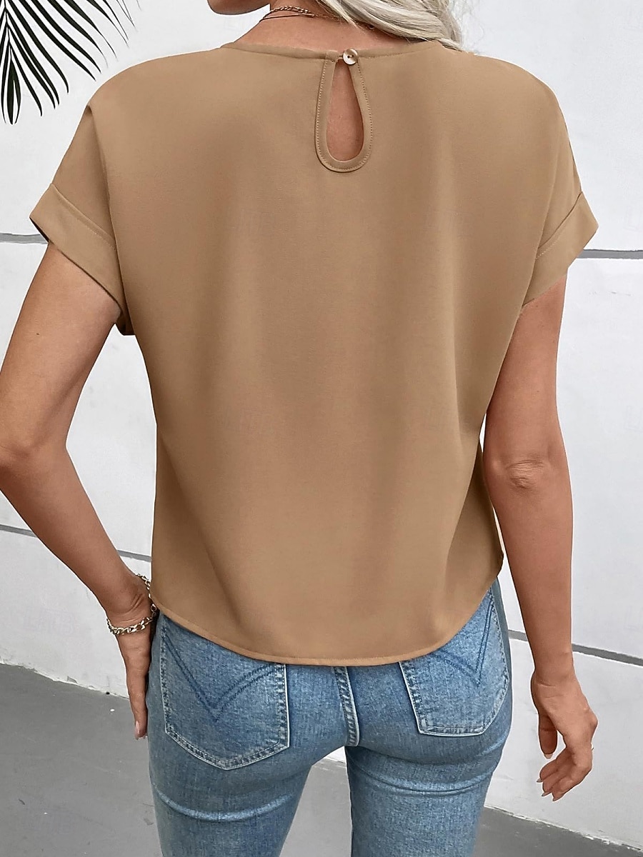 Femmes T-shirt Nœud Uni Mode Élégant Classique Manche Courte Col ras du cou Hauts Réguliers Quotidien Sortir Week-end Noir Blanche Vin Marron Beige Été Printemps de 2026 ? $24.99 –P15