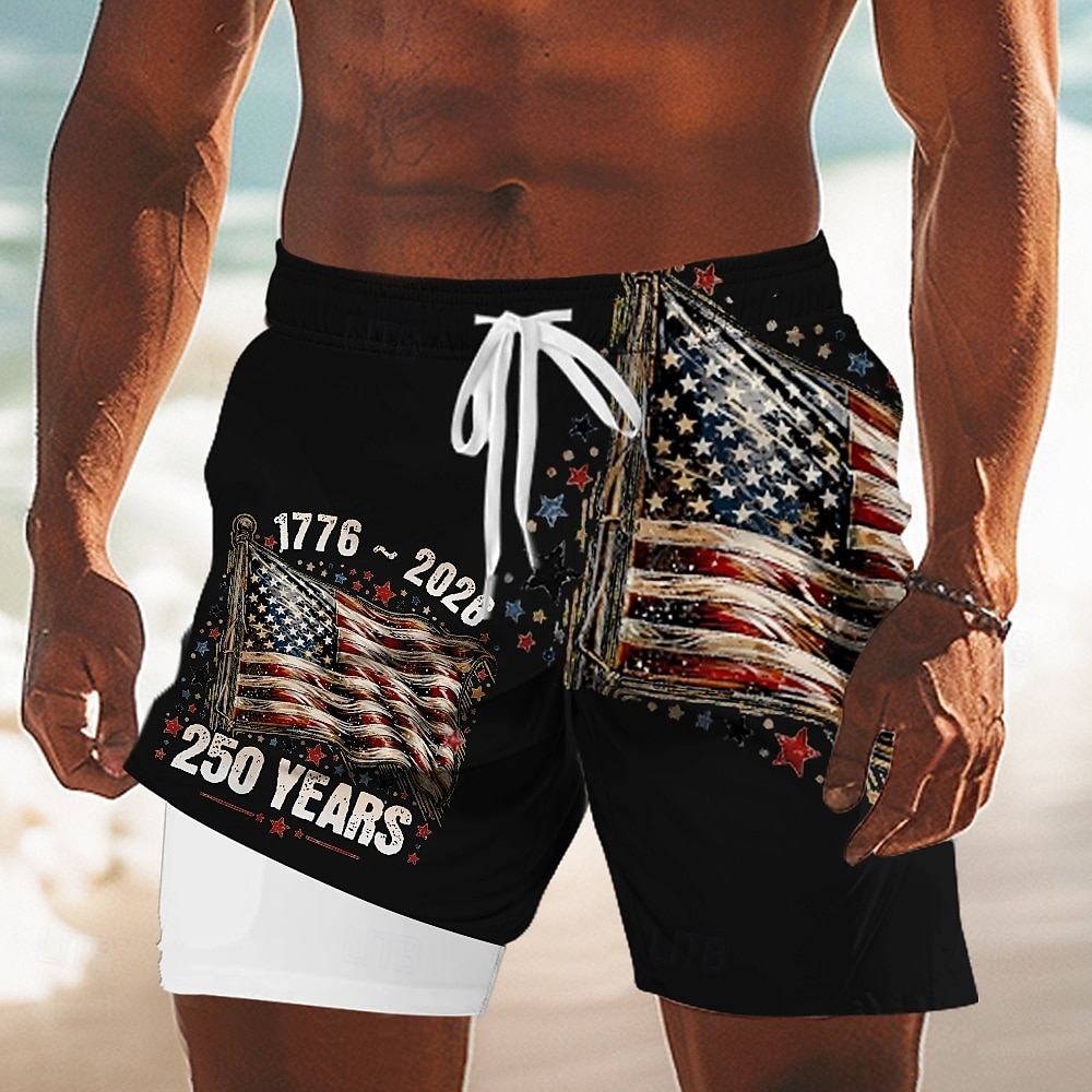 Herr 4 juli USA:s 250-årsjubileum USA: s flagga Fodrade shorts 2 i 1 simshorts Badshorts Medium Midja Patriotisk Helgdag Sidfickor Med kompressionsfoder Elastisk dragsko i midjan Designer Kläder 2026 - $22.99 –P4