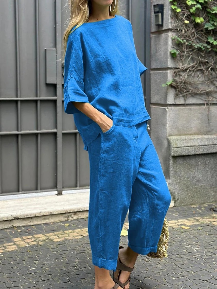 Damen Hosen-Sets Kunstbaumwollleinen Dreiviertelarm Rundhalsausschnitt Einfarbig Elegant Mode Streetwear Lässig Täglich Outdoor Schwarz Weiß Gelb Sommer Normale Passform 2026 - $41.99 –P3