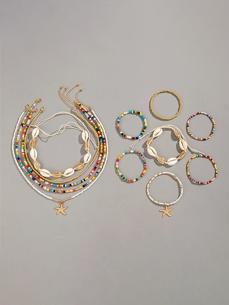 Women's Multi-Layer Beaded Necklace and Bracelet Set with Starfish Pendant – Alloy Material, Bohemian Style, Colorful, Perfect for Vacation, Beach and Daily Casual Wear 2026 - $12.76 –P11