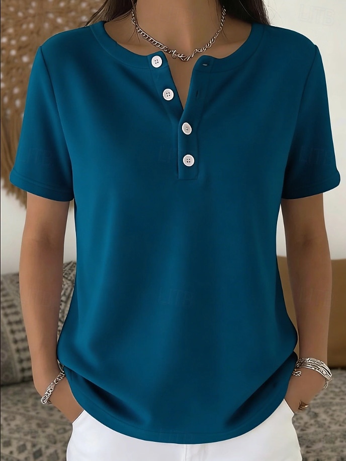 Women's Blouse Chest Buttons Solid Color Stylish Basic Classic Short Sleeve Crew Neck Regular Tops Daily Blue Black White Red Navy Blue Summer Spring 2026 - $26.99 –P4