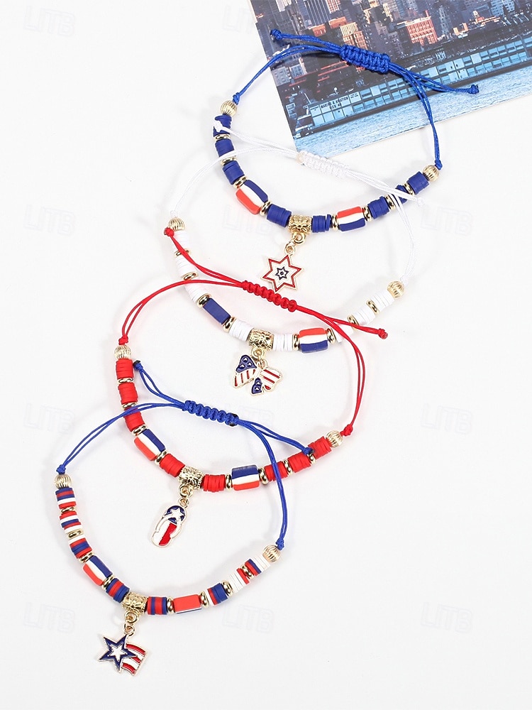 Набор женских браслетов из разных материалов, различные стили, подвески с патриотическим флагом США, регулируемые ремешки, идеально подходит для празднования 250-летия США, Дня независимости и повседневной носки. 2026 - $11.99 –P11