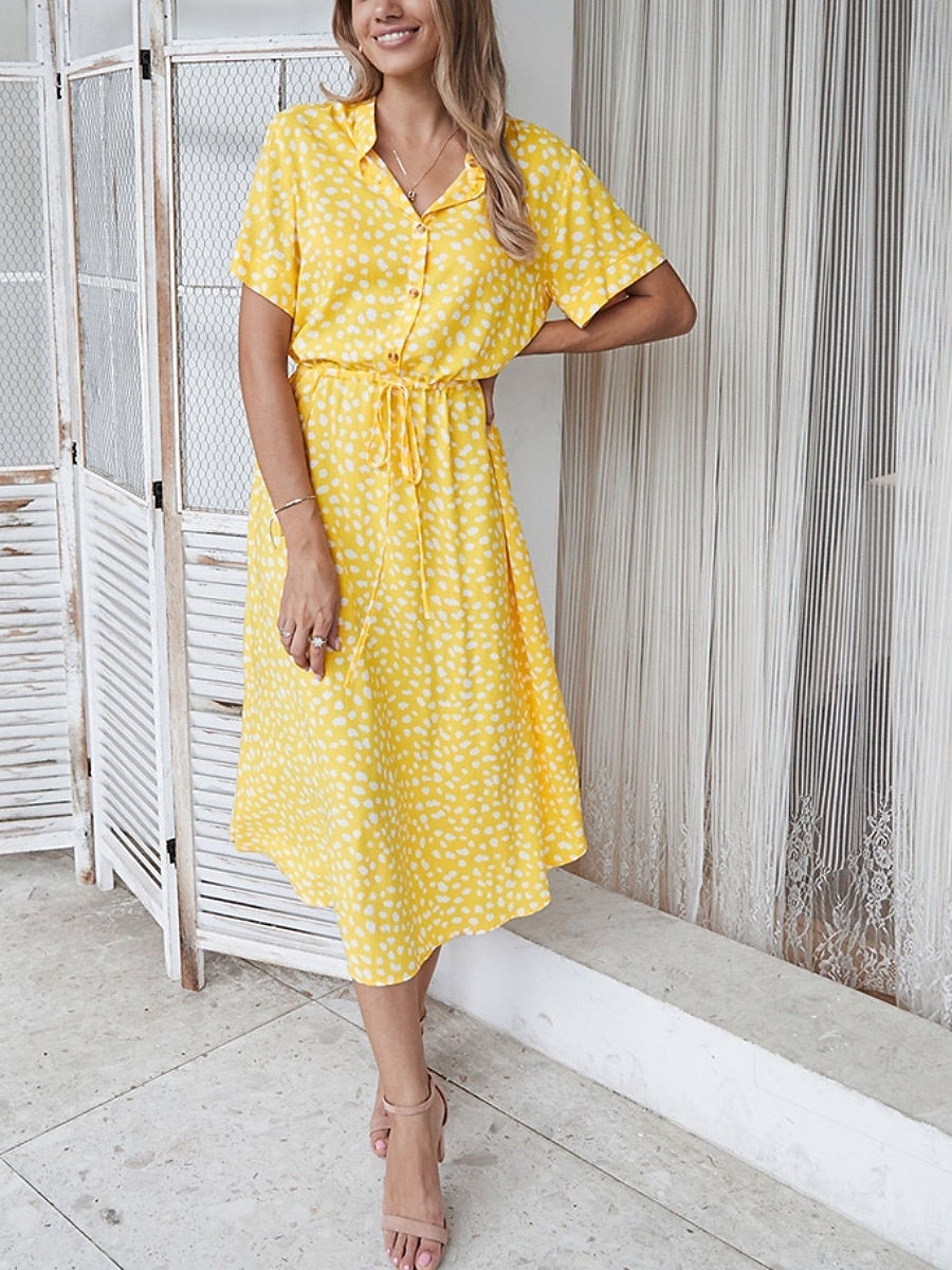 Dame Midikjole Uformell kjole Floral kjole Elegant Mote Moderne utendørs Feriereise Ut på byen Normal Blomstret Kortermet V-hals Blå Hvit Gul Navyblå Sommer Vår 2026 - $28.99 –P2