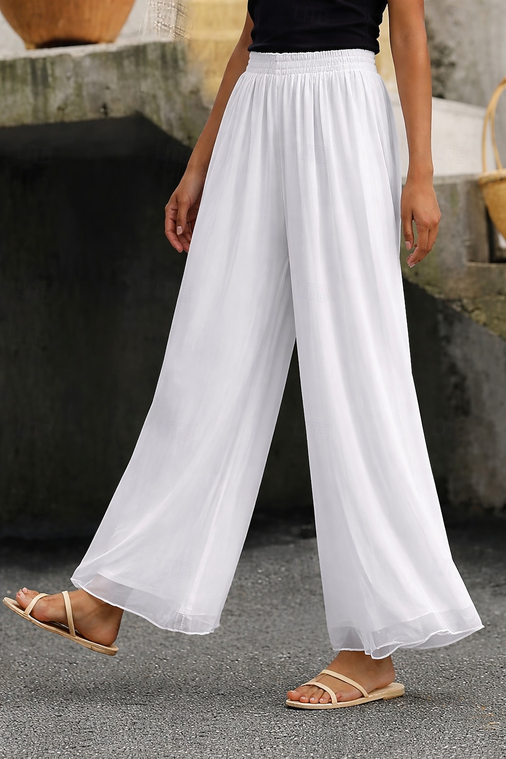 Damen Weites Bein Hosen Hose Urlaub Streetwear Leicht Volle Länge Hohe Taille Einfach Elastischer Bund Hoher Schnitt Atmungsaktivität Bequem Mikroelastisch Outdoor Ferien Alltagskleidung Schwarz Wei 2026 - $14.99 –P1