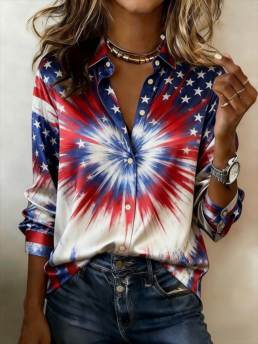 Amerikaanse onafhankelijkheidsdag Dames Overhemd Knop Afdrukken Grafisch Vintage Stijlvol Modern Lange mouw Overhemdkraag Normale tops Dagelijks Werk blauw Rood Zomer Lente 2026 - $41.99 –P1