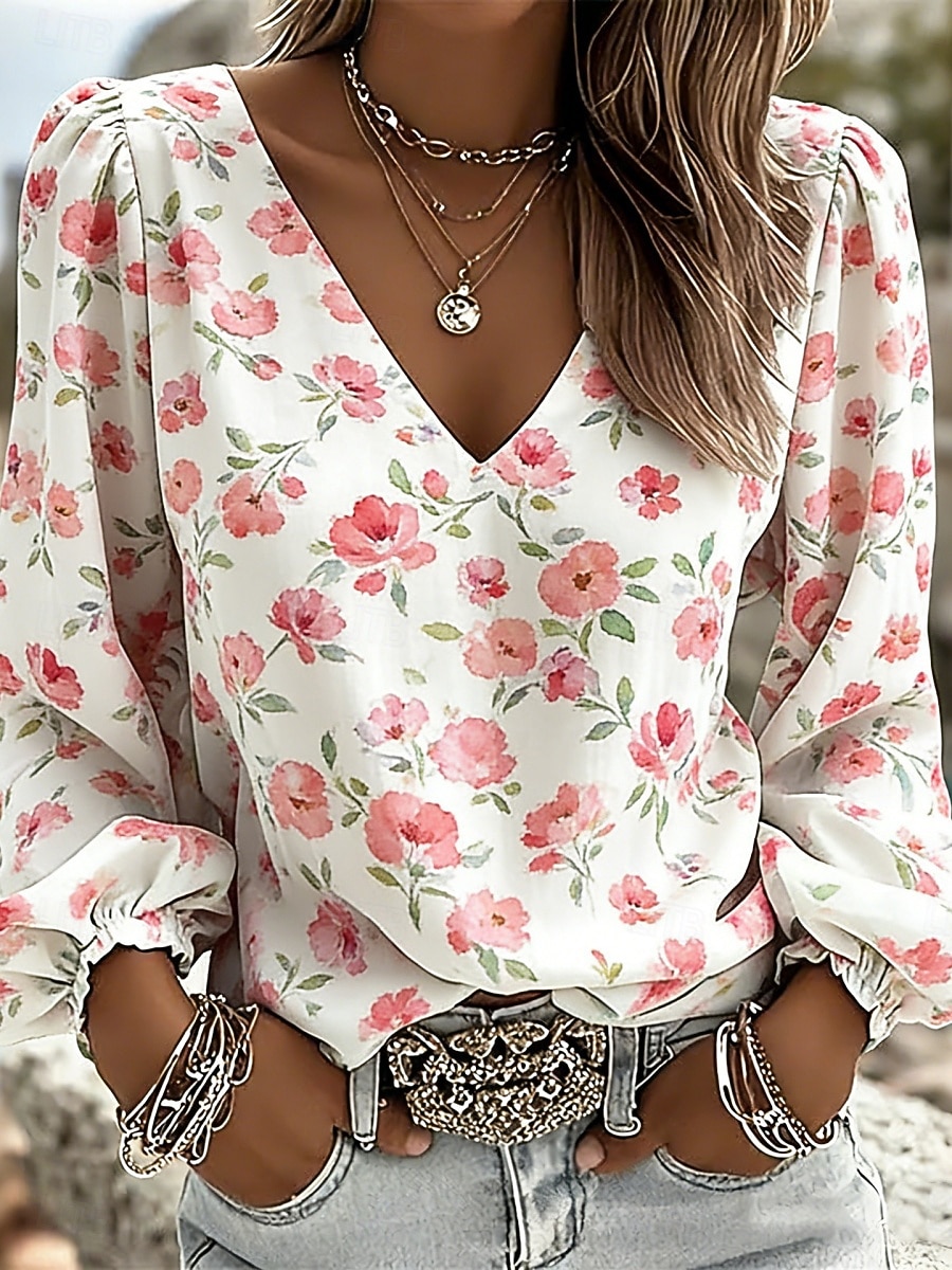 Women's Blouse Print Floral Stylish Casual Long Sleeve V Neck Regular Tops Daily Blue Sage Green Black Yellow Pink Summer Spring Fall 2026 - $25.99 –P6