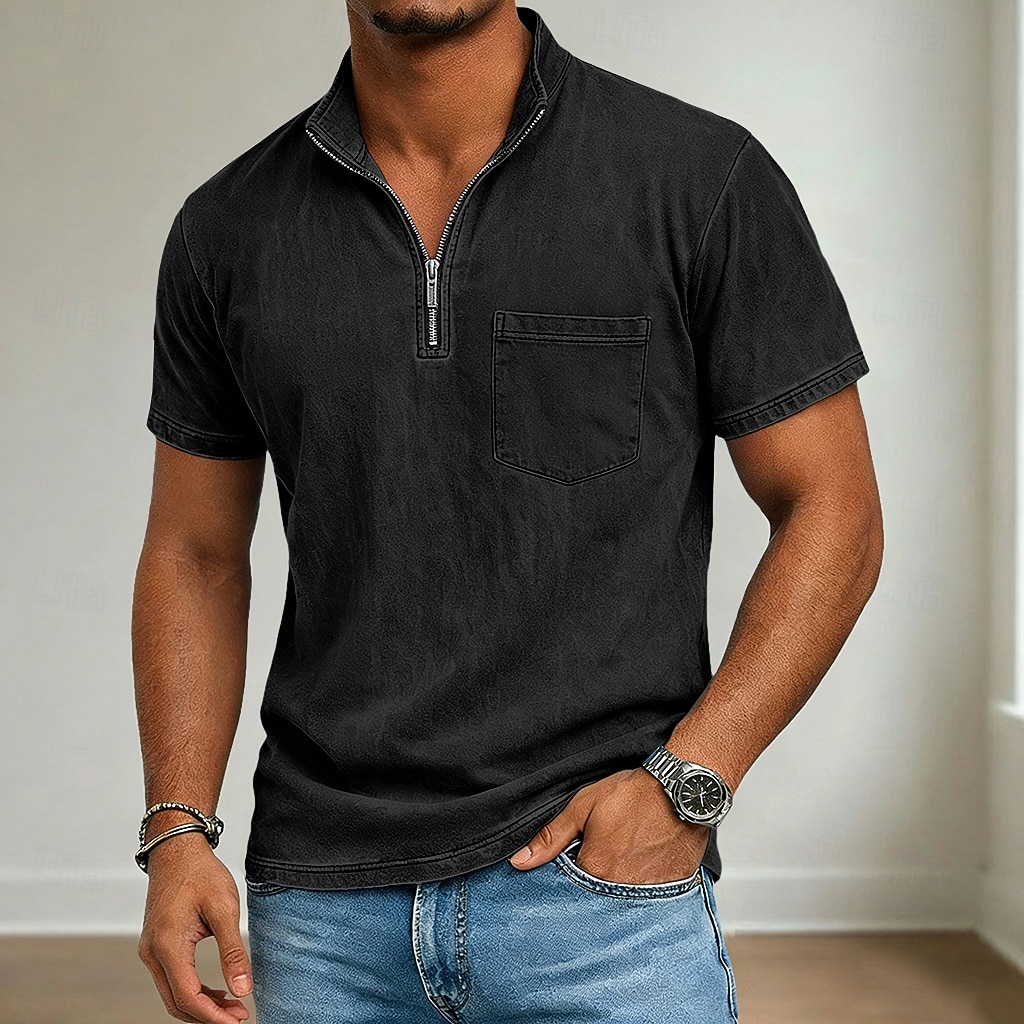 Муж. Футболка Рубашка из 100% хлопка с кислотной стиркой С короткими рукавами Четверть молния Лето Весна Осень Полотняное плетение Ретро На каждый день Старинный Окрашенная одежда Промытый 2026 - $31.99 –P7