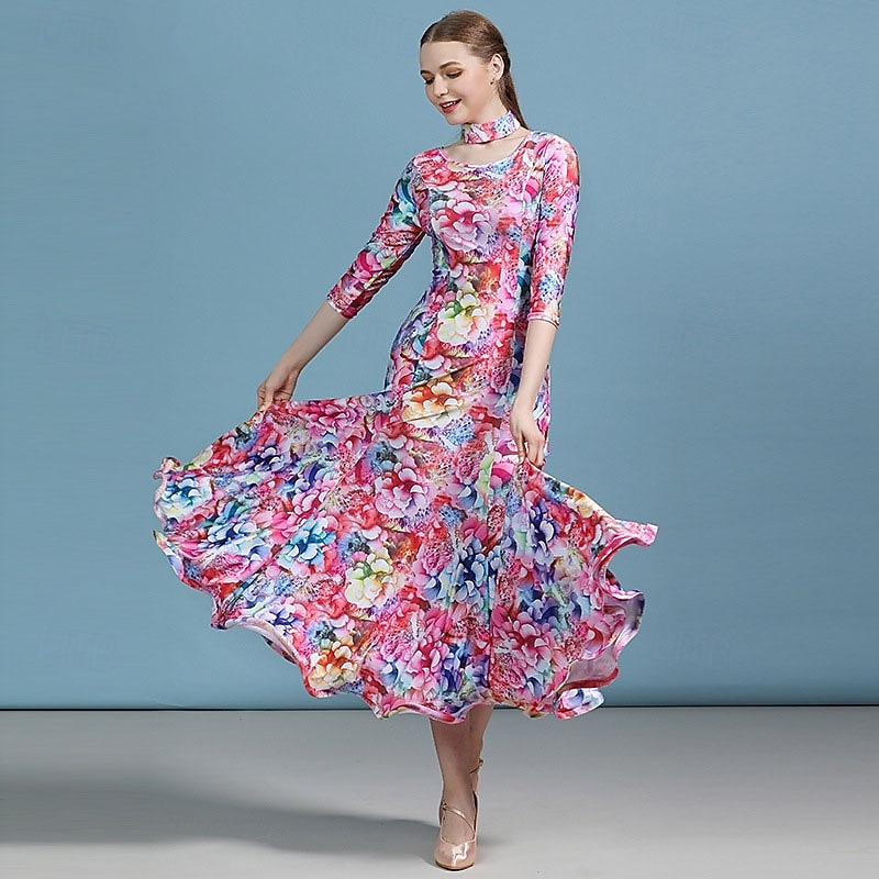 Ballroom Dance Dress Floral Print Pleats Women's Party Training Performance 3/4 Length Sleeve High Elastane 2026 - $119.99 –P6