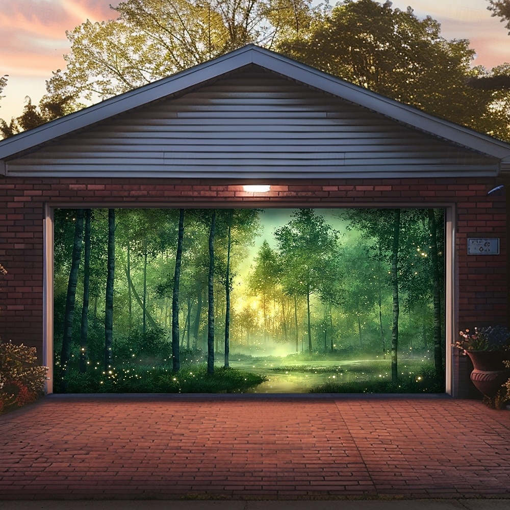 Zauberwald, Magie, leuchtend grüne Bäume, Sonnenlicht, Nebel, Teich, Naturlandschaft, Garagentorbanner, Wandbild, Garten, Hausfassade, Partykulisse 2026 - $49.99 –P1