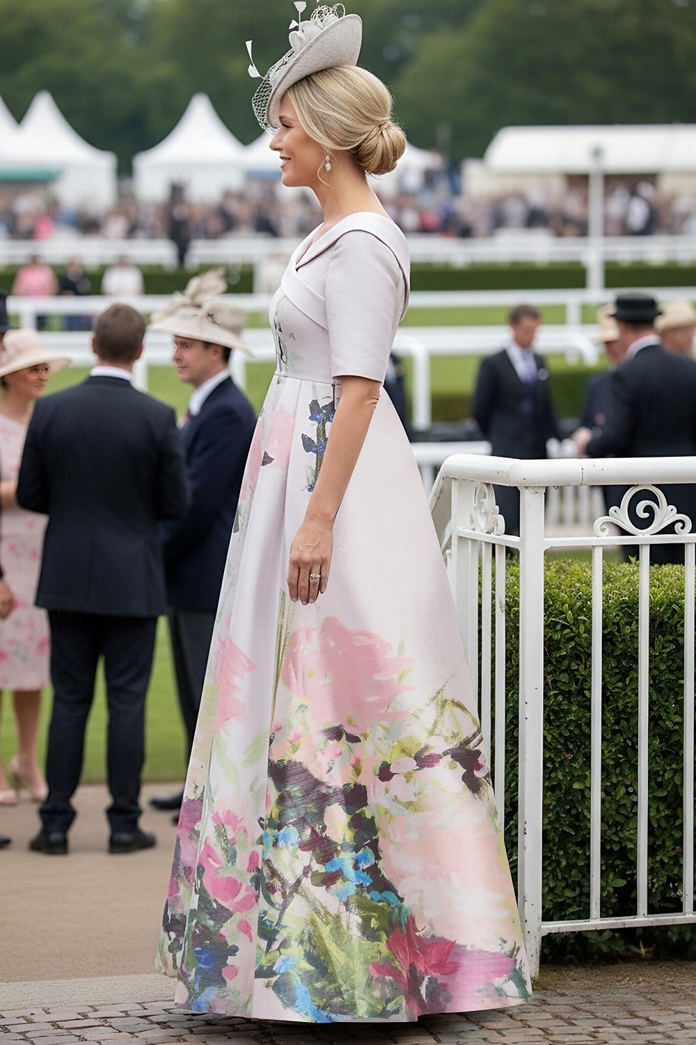 Linea ad A Lunghezza al pavimento Abito da invitata a nozze Abito Formale Abito Derby Abito da cerimonia per signora Mezza Manica Colletto a Camicia Elegante Derby del Kentucky Raso con Stampa del 2026 a $206.99 –P3