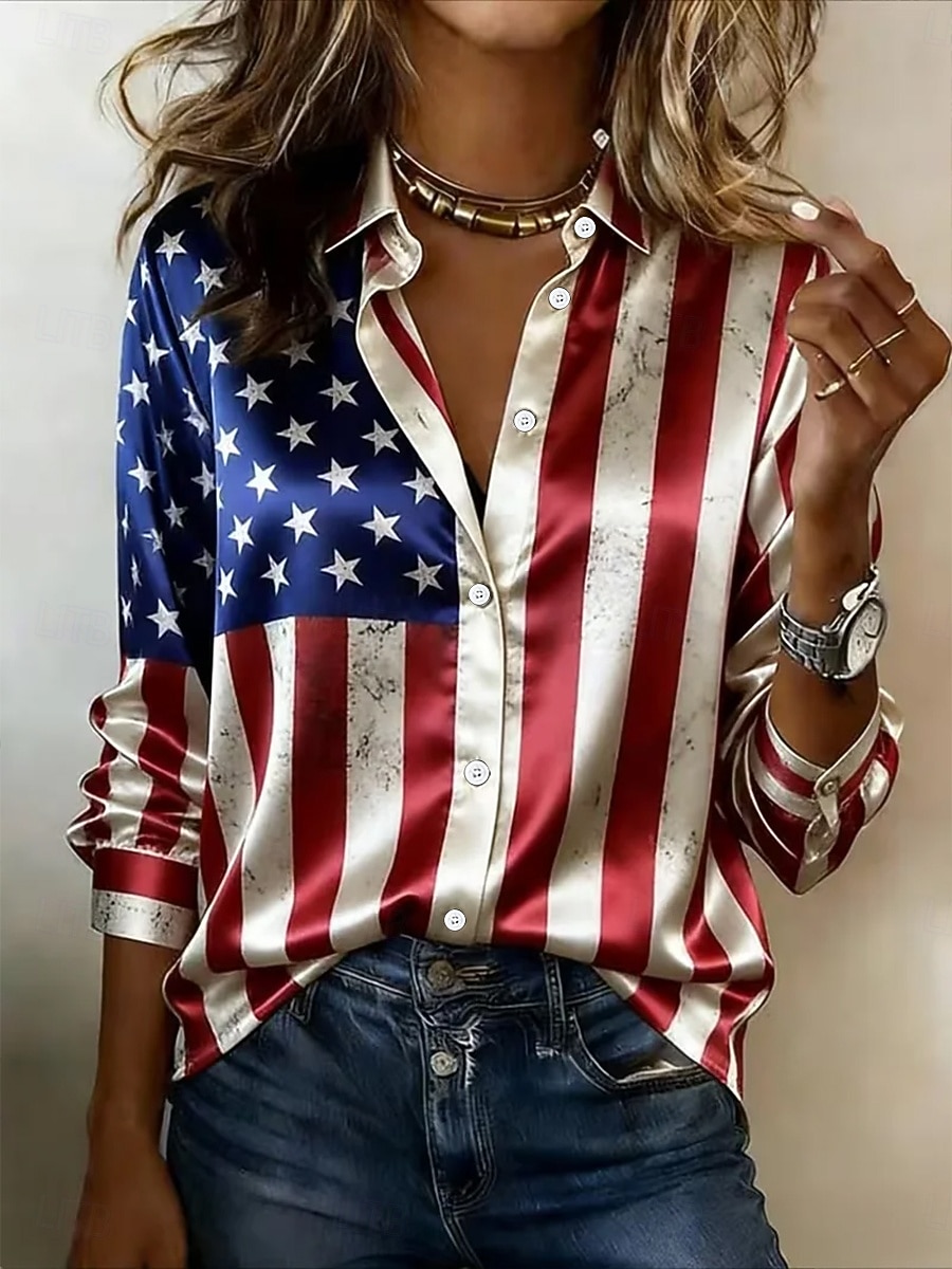 Amerikan itsenäisyyspäivä Naisten Paita Napit Painettu Kuvitettu Amerikan lippu Vintage Tyylikäs Moderni Pitkähihainen Paitapuserokaula-aukko Tavalliset topit Päivittäin Työ Sininen Rubiini Beesi 2026 - $41.99 –P2