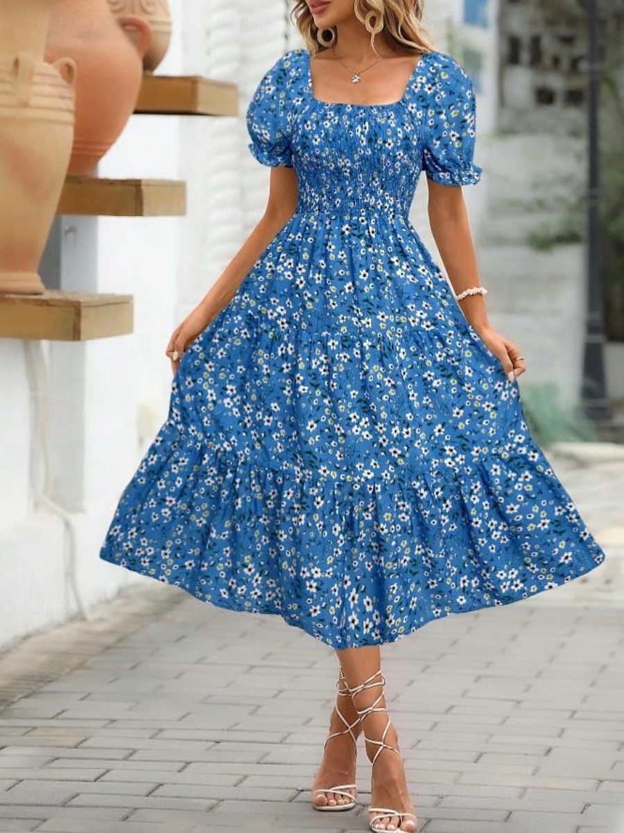 Women's Midi Dress Casual Dress Floral Dress Elegant Fashion Modern Outdoor Vacation Going out Regular Fit Floral Short Sleeve Square Neck Blue Black White Pink Summer Spring 2026 - $25.99 –P19