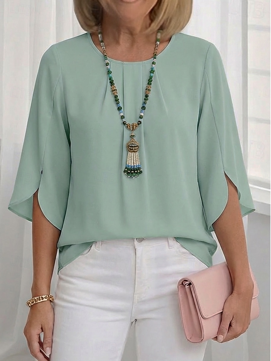 Dames Blouse Chiffon-topjes Met ruches Effen Actief Stijlvol Halve mouw Strakke ronde hals Normale tops Dagelijks Feestdagen Uitgaan Zwart Wit Lichtgroen Wijn Marineblauw Zomer Lente 2026 - $21.99 –P7