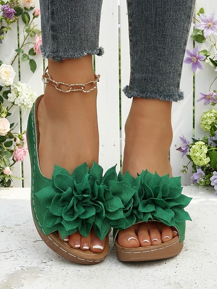 sandali da donna con zeppa verde e dettagli floreali – comode scarpe estive aperte per l'uso casual, quotidiano e in giardino del 2026 a $24.99 –P3