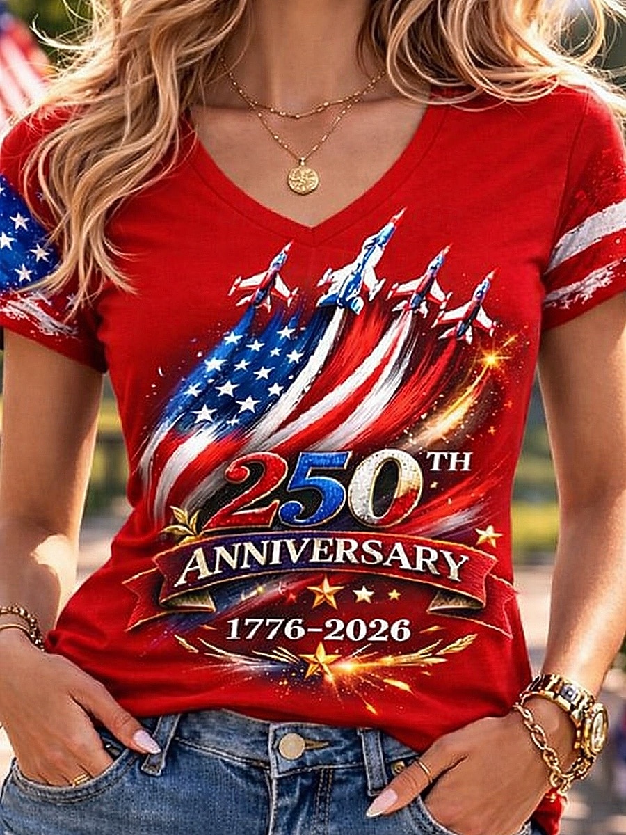 Unabhängigkeitstag Amerikanisches Jubiläum Patriotisches Frauen T-Shirt Druck Grafik Flagge Vintage Stilvoll Klassisch Kurzarm V-Ausschnitt Reguläre Oberteile Täglich Blau Schwarz Weiß Rot Sommer 2026 - $21.99 –P5