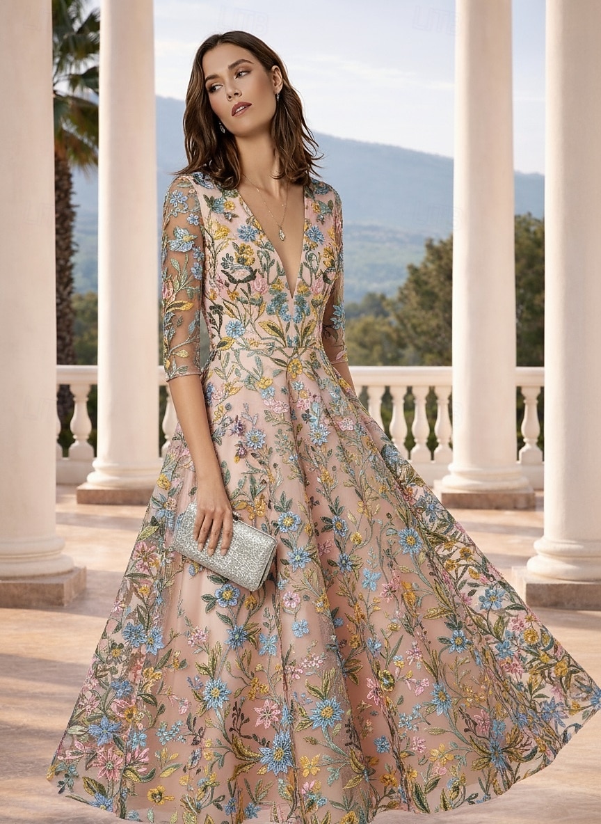 גזרת A עד הריצפה באורך הקרסול שמלות קוקטייל אלגנטית וינטאג' פרחוני חצי שרוול צווארון V מסיבת חצר חתונה סאטן תחרה גב בדוגמת דרפה עם פרח רקום ריקמה אפליקציות 2026 - $163.99 –P1