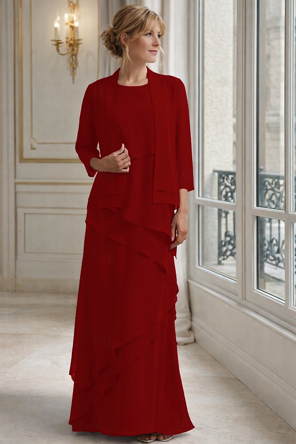 Tvådelad A-linje Golvlång Bröllopsgästklänning Klänning till brudens mor Ärmlös Prydd med juveler Elegant Bröllopsgäst Bröllopsfest Chiffong Sjal inkluderad med Fallande volanger Enfärgat 2026 - $153.99 –P7