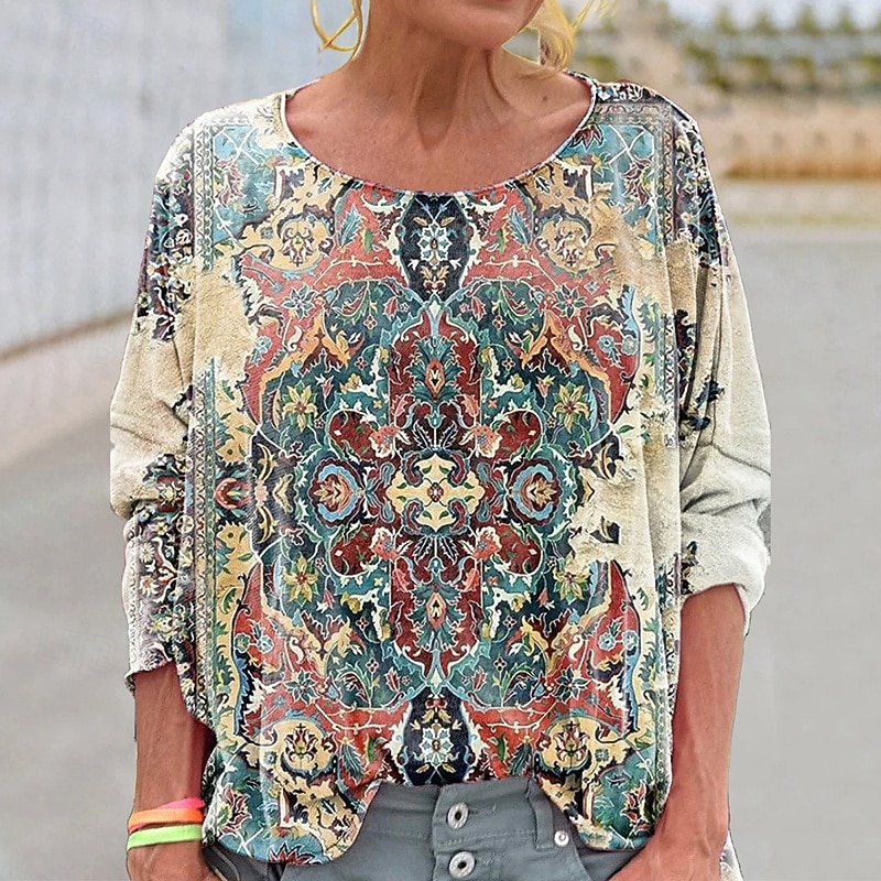 Per donna Camicia Boho Blusa Patchwork Stampato Grafico Vintage Elegante Classico Manica Lunga Girocollo Top Regolari Quotidiano Ferie Uscire Rosa Vino Blu marino Cachi Rosa Primavera Autunno del 2026 a $17.49 –P6