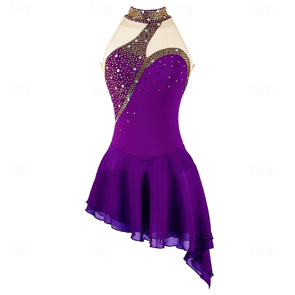 Figure Skating Dress Girls' Ice Skating Dress Violet Navy Black Patchwork Asymmetric Hem Stretchy Training Competition Skating Wear Classic Crystal / Rhinestone Sleeveless Ice Skating Figure Skating 2026 - $199.99 –P7