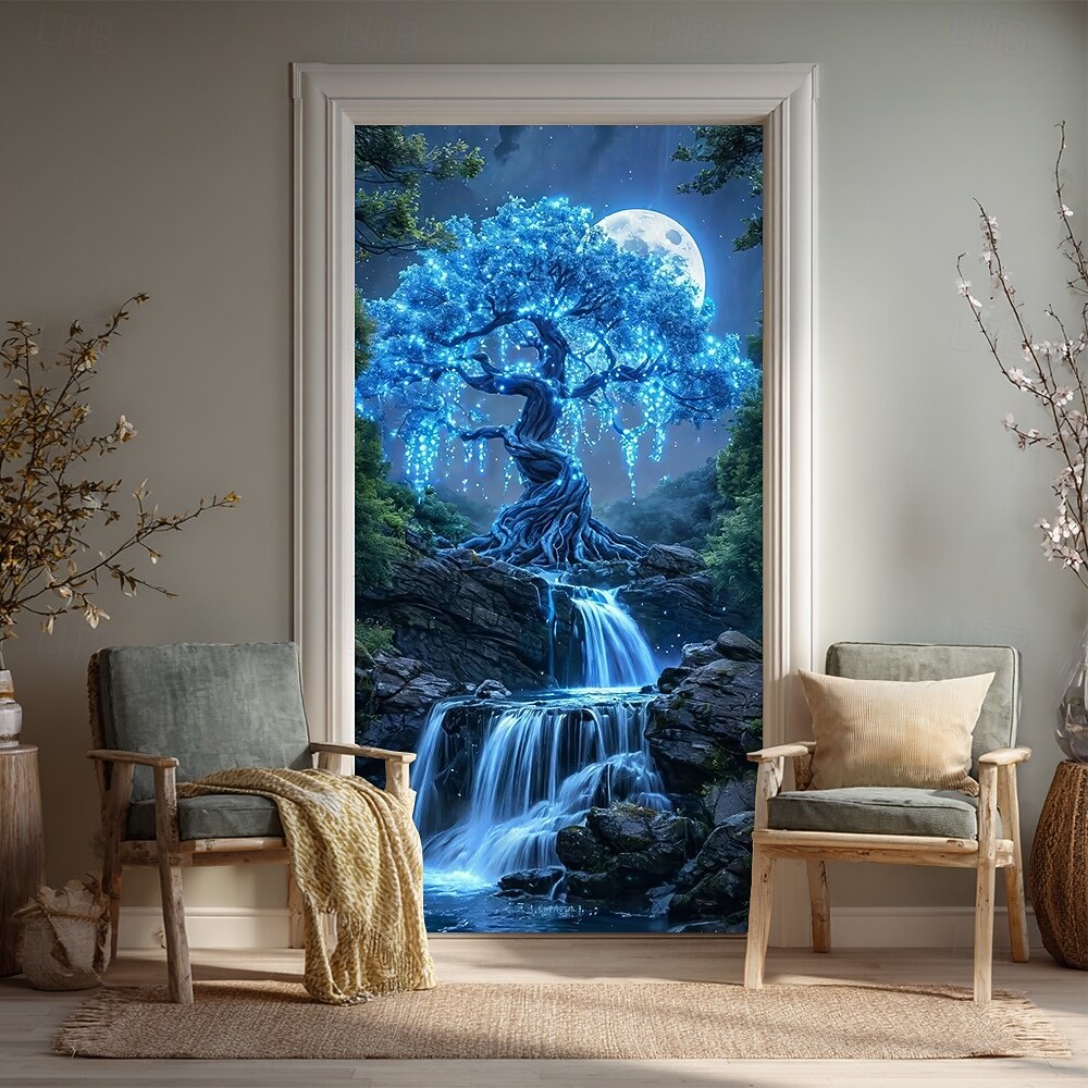 Árvore da vida, lua cheia gigante, raízes brilhantes, paisagem noturna mística, banner de porta, tapeçaria de parede, decoração para casa, decoração de porta de entrada, decoração de hall de entrada, de 2026 por $17.99 –P11