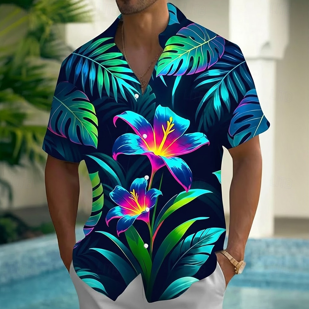 Men's Tropical Flowers Palm Leaf Neon Glow Summer Hawaiian Shirt Button Up Shirt Aloha Shirt Short Sleeve Hawaiian Vacation Summer Spring Turndown 3D Print Collared Shirts Front One Pocket Black 2026 - $25.99 –P3
