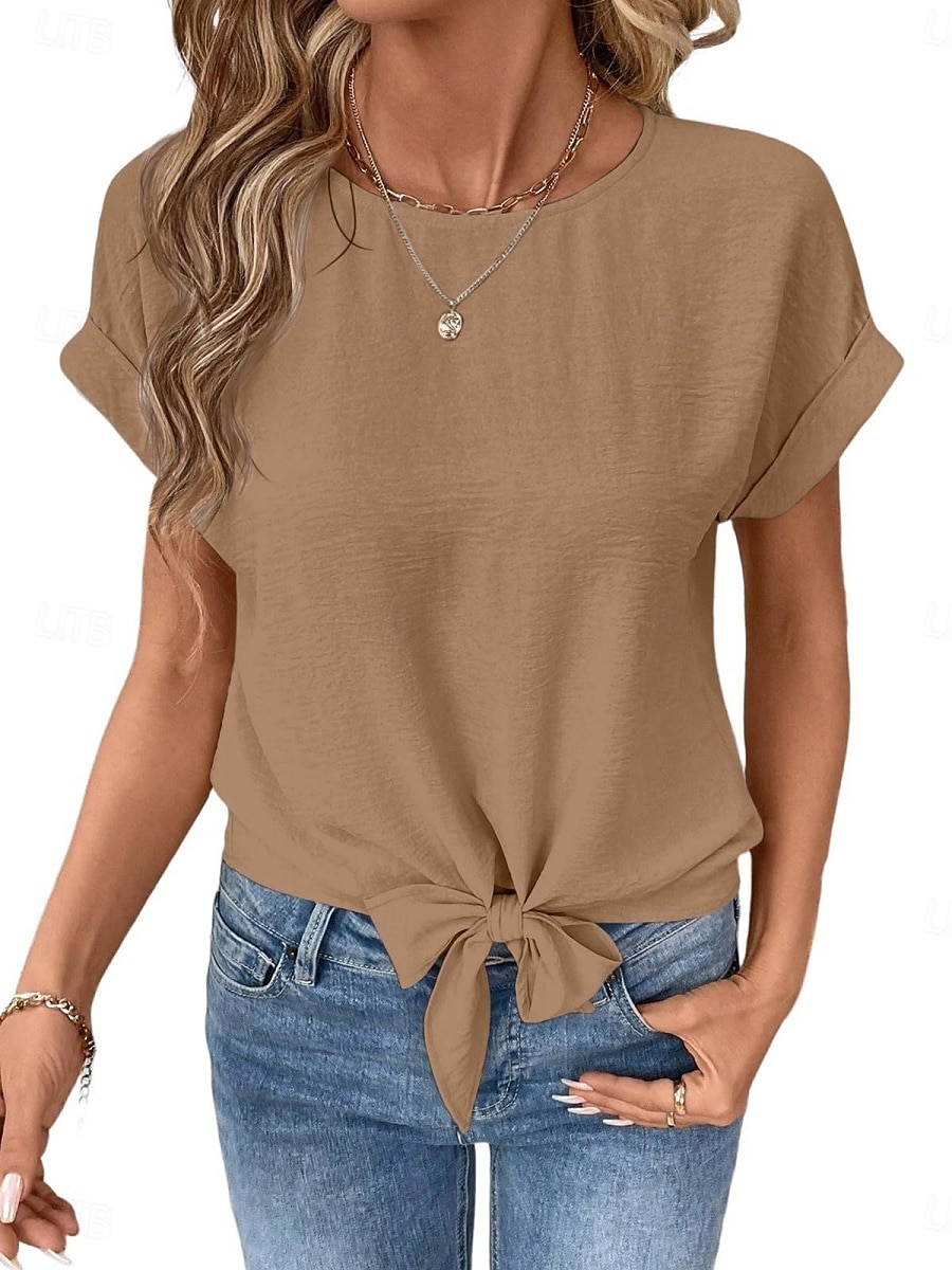 Femmes T-shirt Nœud Uni Mode Élégant Classique Manche Courte Col ras du cou Hauts Réguliers Quotidien Sortir Week-end Noir Blanche Vin Marron Beige Été Printemps de 2026 ? $24.99 –P11