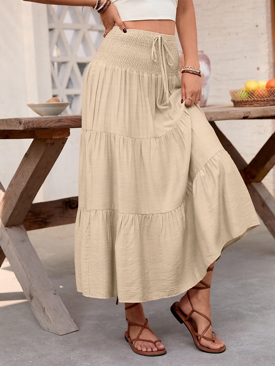 Dame Ferieskjørt Mote Fritid Midi Høy Midje Skjørt عادي Rynket Snorer Mikroelastisk Daglig Gate Kakifarget Sommer Nylon Viskose 2026 - $34.99 –P3