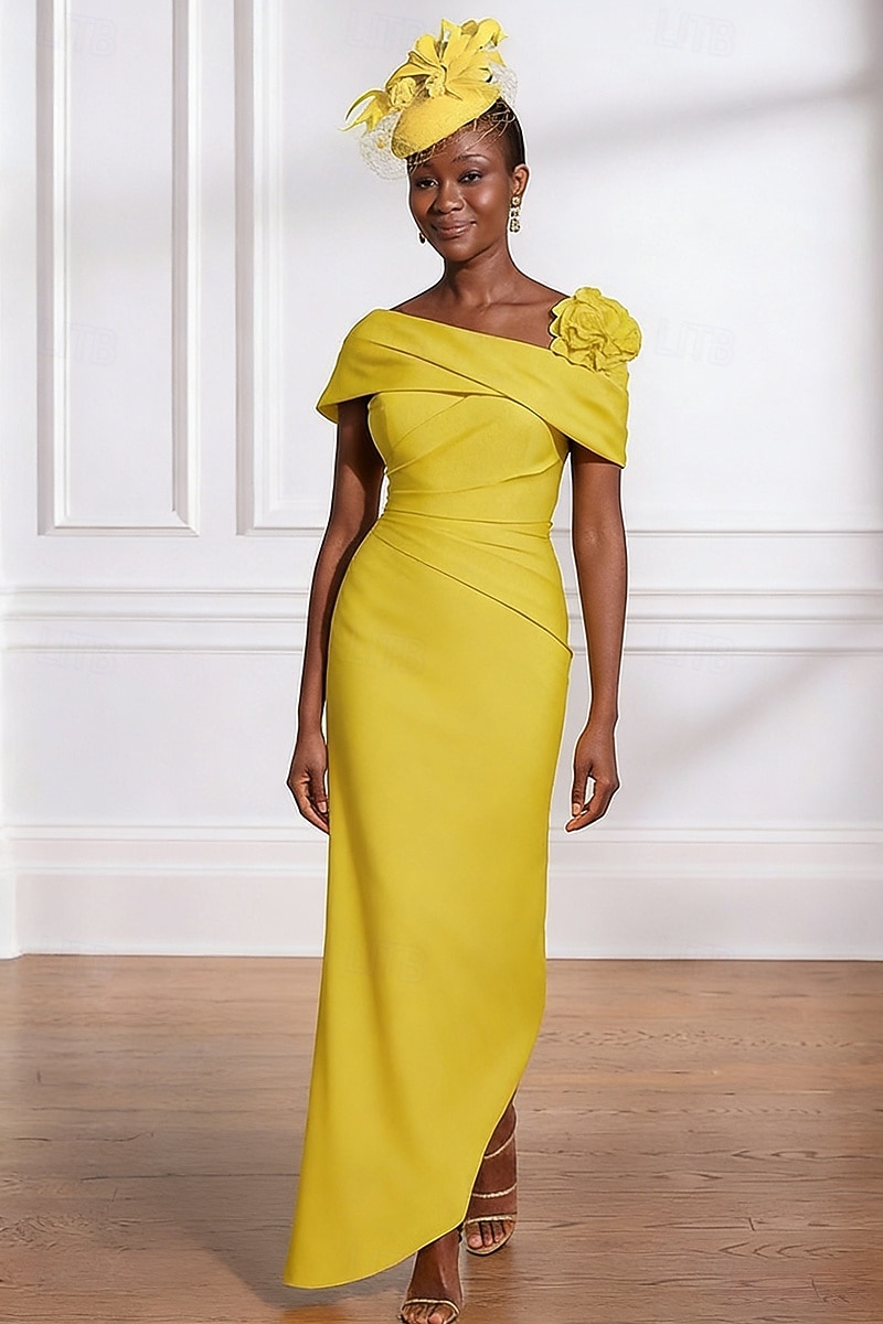 Corte A Vestido Midi Vestido Invitada Boda Vestido formal Vestido de noche Vestido de Madrina Sin Mangas Hombros Caídos Elegante Sencillo Formal estiramiento de gasa con Plisado Flor 2026 - $195.99 –P1