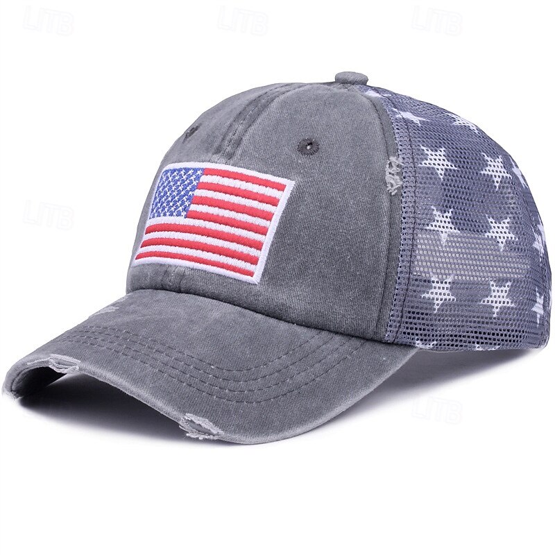 Cappellino da baseball patriottico in cotone lavato con stella della bandiera americana ricamata, cappellino da camionista vintage effetto invecchiato con rete per uomo e donna, 4 luglio, giorno del 2026 a $16.99 –P6