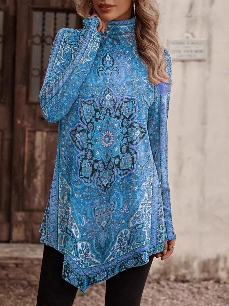 Mujer Camisa Blusa Tops de manga larga Costura asimétrica Floral Elegante Clásico Moderno Manga Larga Cuello Alto Tops largos Diario Festivos Noche Azul Piscina Rojo Morado Primavera Otoño 2026 - $22.99 –P1