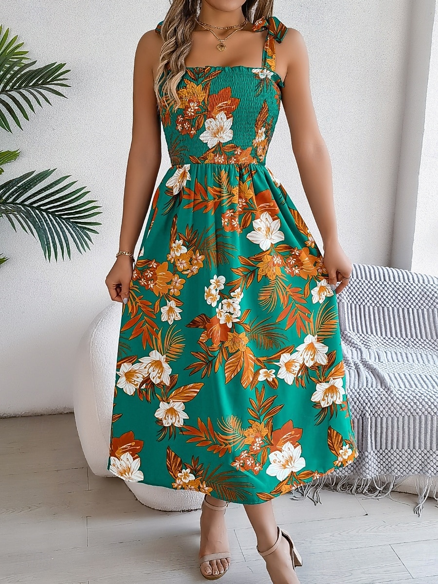 Women's Midi Dress Beach Dress A Line Dress Floral Dress Slip Dress Elegant Fashion Modern Outdoor Beach Vacation Regular Fit Floral Sleeveless Square Neck Blue Yellow Green Summer Spring 2026 - $26.99 –P16