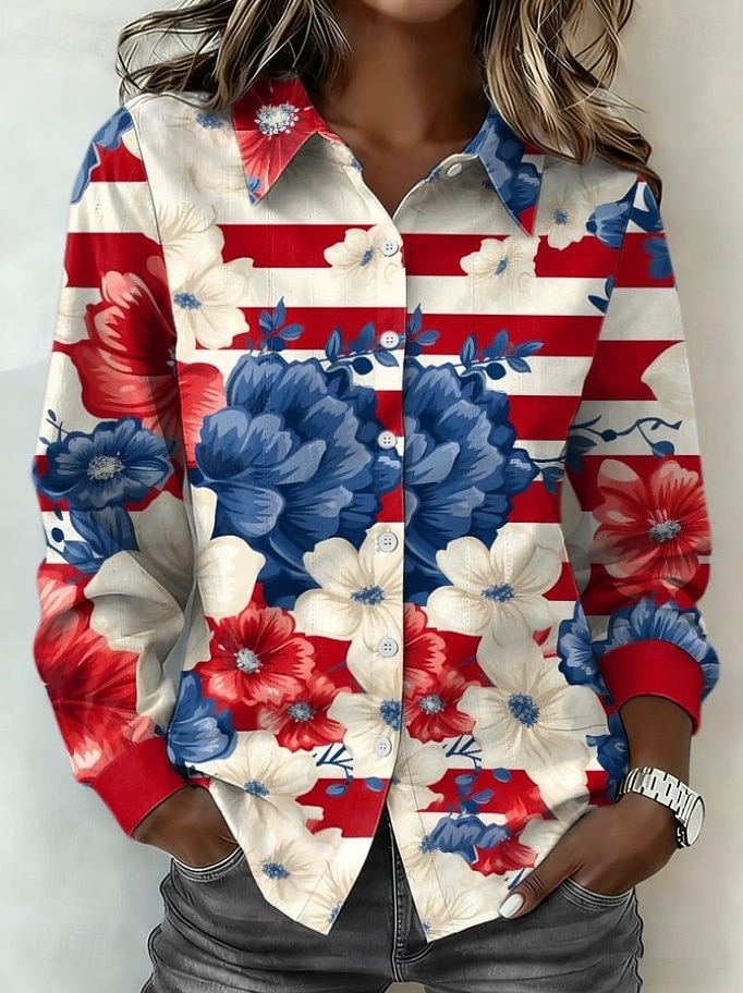 Día de la Independencia Camiseta para Mujeres Americana Botones Impresión Gráfica Aniversario de América Vintage Elegante Moderna de Manga Larga Cuello Cuello Regular Tops Diarios Negro Rojo Celeste 2026 - $32.99 –P3