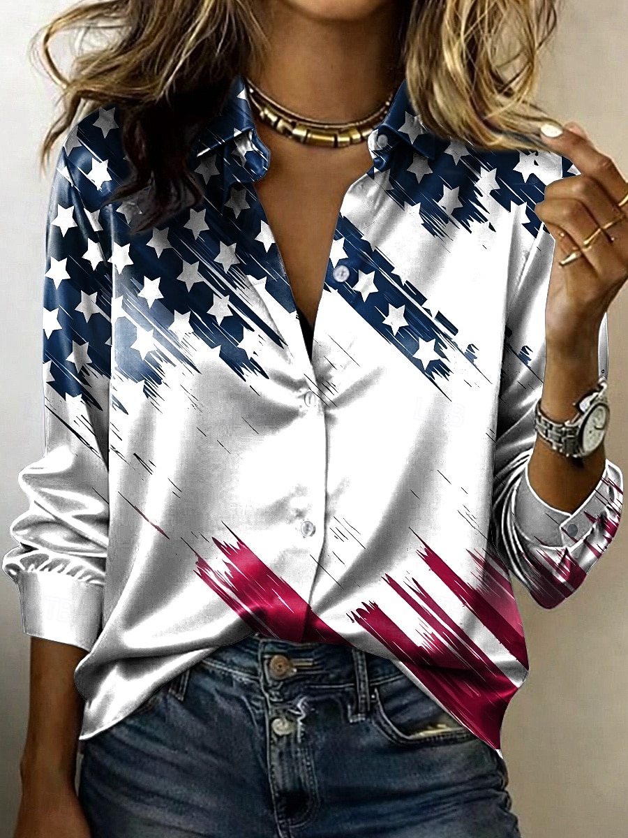 día de la independencia americana Mujer Camisa Camisa de raso Camisa con botones Camisa casual Estampado Graphic Bandera Clásico Casual Manga Larga Cuello Camisero Tops regulares Diario Festivos Noche 2026 - $31.99 –P3