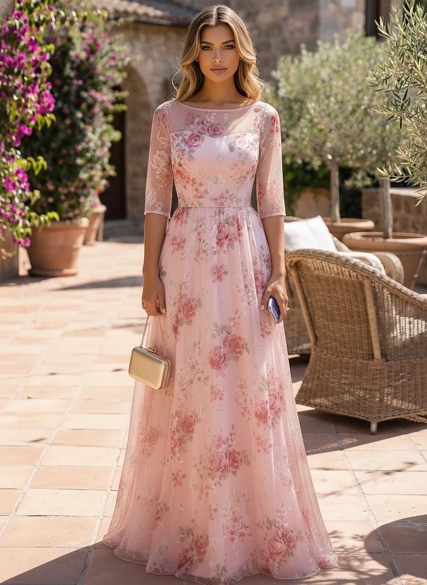 A-Line Dress Floor Length Party Dress Cocktail Dress Mother of the Bride  Dress Half Sleeve