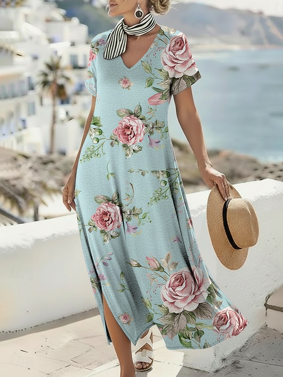 outdoor boho dress Women's Maxi Dress Casual Dress A Line Dress Print Dress Vintage Vacation Weekend Loose Fit Floral Graphic Short Sleeve V Neck Blue style and ethics SID-D29009 Kim Kardashian Stuns In Cup Size:AA