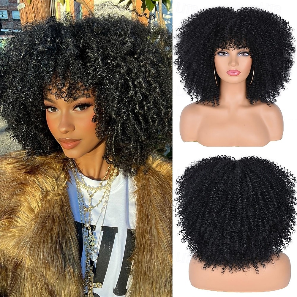 Кудрявые афро-парики для чернокожих женщин, афро-парик с челкой, без клея, пышный и объемный, как бомба, подходит для повседневной носки и работы, черный цвет 2026 - $30.99 –P1