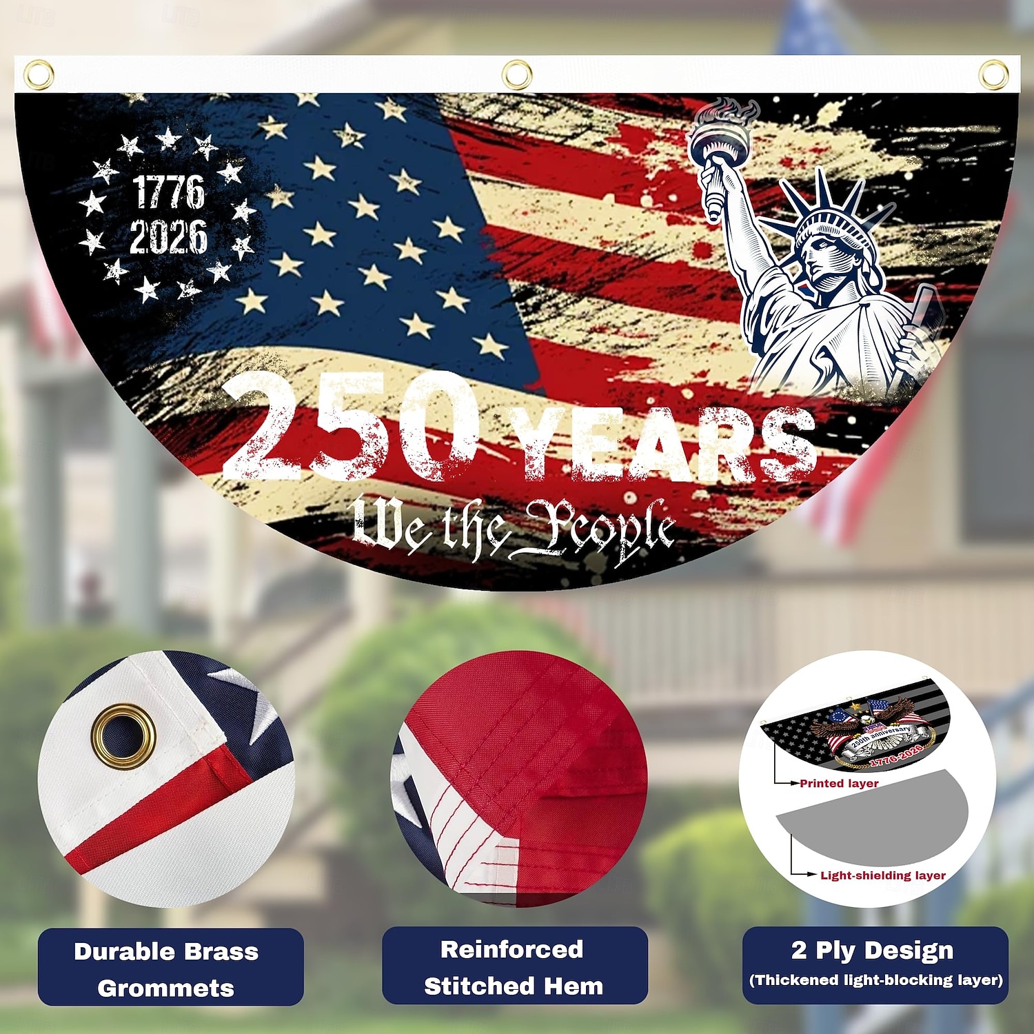 Lot de 2 drapeaux commémoratifs du 250e anniversaire des États-Unis, 45 x 90 cm (1776-2026), guirlande de fanions, décorations patriotiques à suspendre pour l'extérieur, porte d'entrée, porche, fond de 2026 ? $17.99 –P3