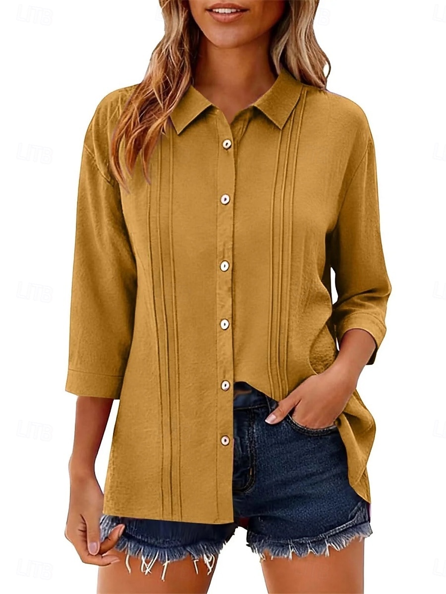 Per donna Camicia Blusa Camicia di cotone Arricciato Bottoni Tinta unica Elegante Classico Moderno Manica Lunga Colletto a Camicia Top Regolari Quotidiano Ferie Uscire Nero Bianco Giallo Rosa Vino del 2026 a $27.99 –P19