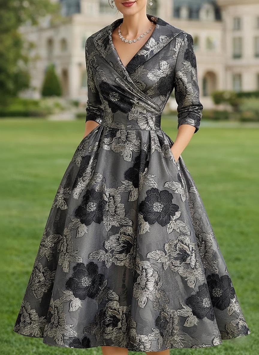 A-linje Te-lengde Blazer kjoler Kjole til brudens mor Langermet Skjortekrage Elegant Årgang Formell Bryllupsgjest Bryllupsfest Sateng Jacquard med Plissert Blomst 2026 - $166.99 –P4