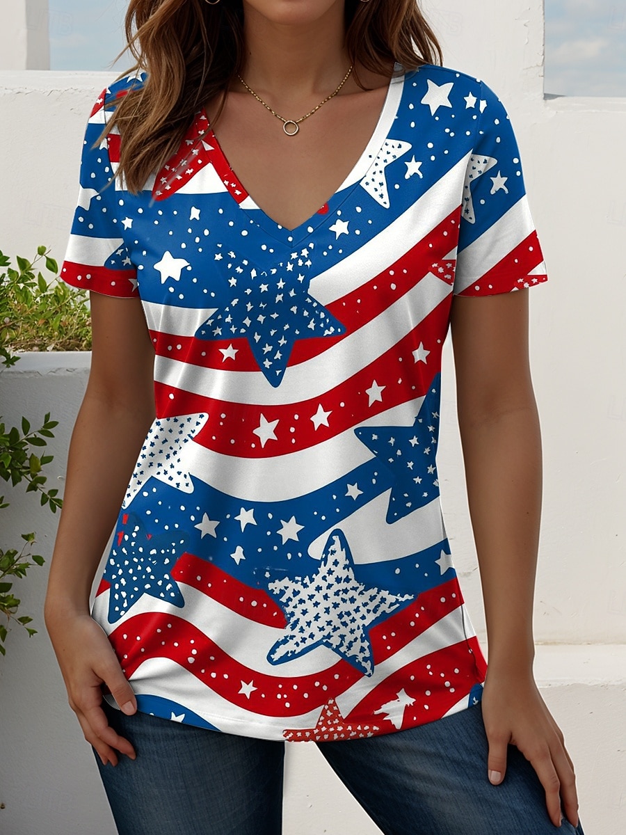 2026年 アメリカ独立記念日 女性用 Tシャツ プリント グラフィック フラッグ ヴィンテージ ファッション カジュアル 半袖 Ｖネック レギュラートップス 日常 ブルー ホワイト ルビーレッド 夏 春  コレクション – $21.99 –P2