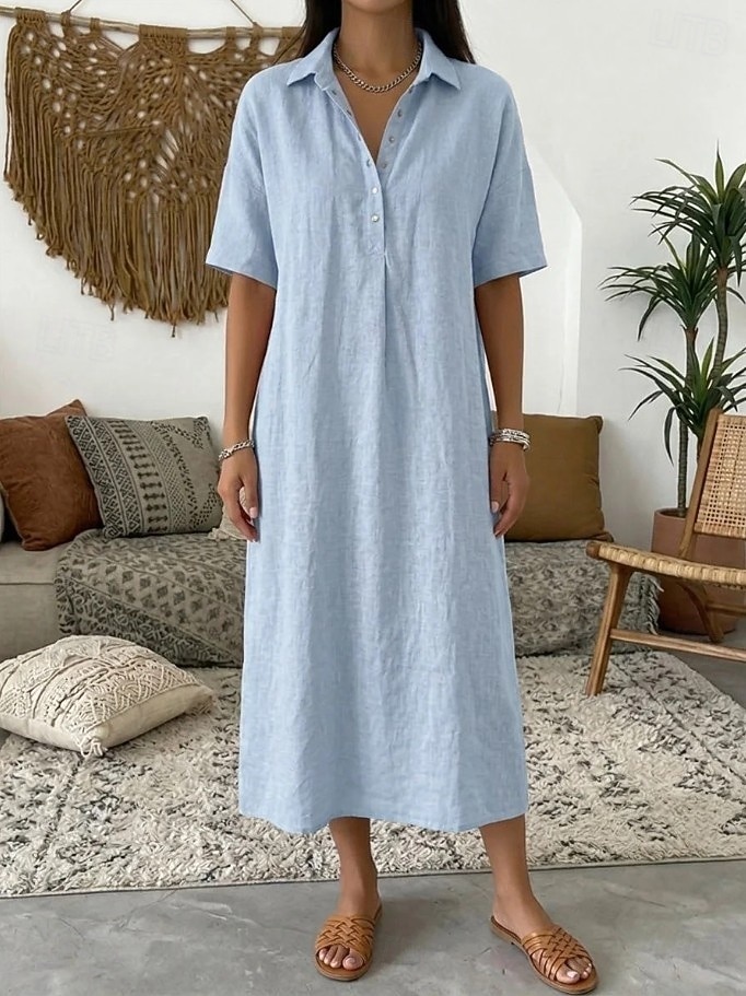 Dames Halflange jurk Zonnejurk Zomerjurk Vakantie Casual Boho Dagelijks Feestdagen Uitgaan Ruim Passend Effen Korte mouw Revers blauw Grijs roze Zwart Geel Zomer Lente 2026 - $32.99 –P8