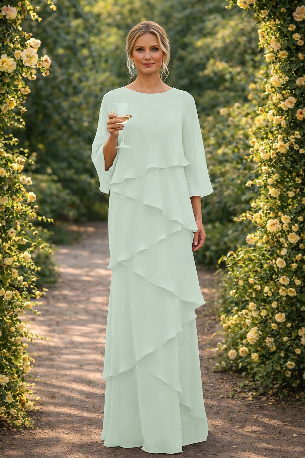 Schlauchkleid Bodenlang Kleid für Hochzeitsgäste Abendkleid Brautmutterkleid Dreiviertelarm Rundhalsausschnitt Elegant Formell Chiffon mit Rüschen 2026 - $89.99 –P8