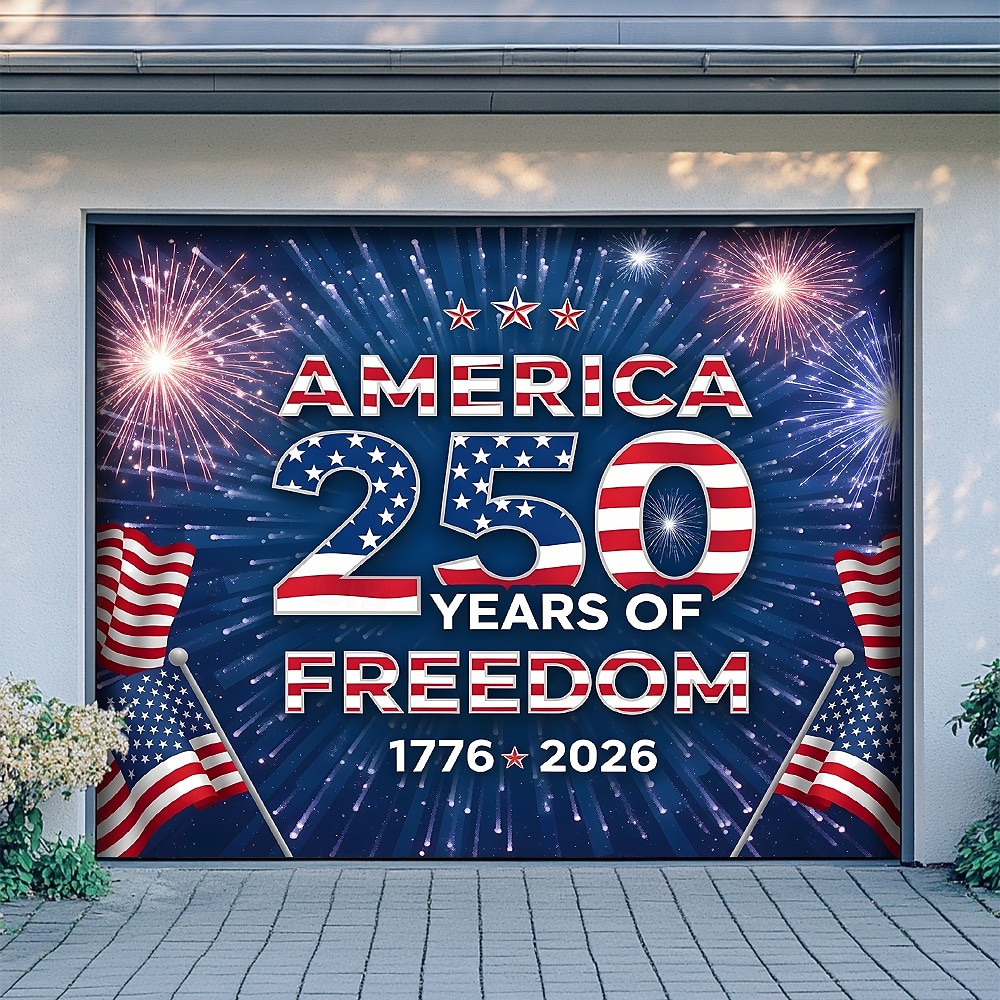 4. července 2026 250. výročí Pamětního dne Kryt na garážová vrata Velký závěsný pozadí Americká vlajka Vintage 3D vlastenecká party venkovní pozadí pro focení dekorace na vchodové dveře 2026 - $59.99 –P7