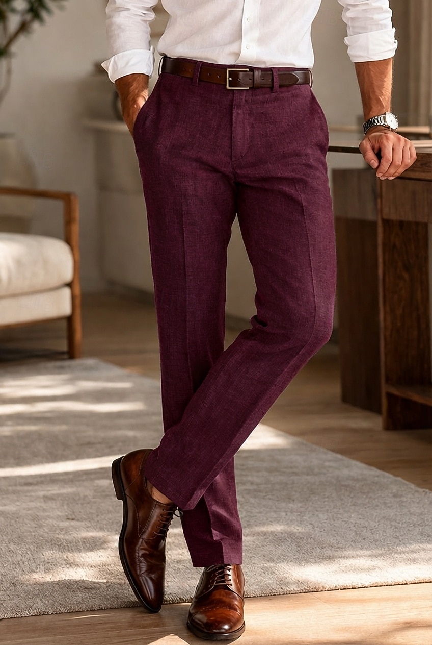Masculino Algodão Linho Social Calça casual O negócio Casamento Vintage Clássico Formal Branco Rosa Vinho Primavera Verão Calças Côr Sólida Normal Longas Sem Elasticidade de 2026 por $39.99 –P8
