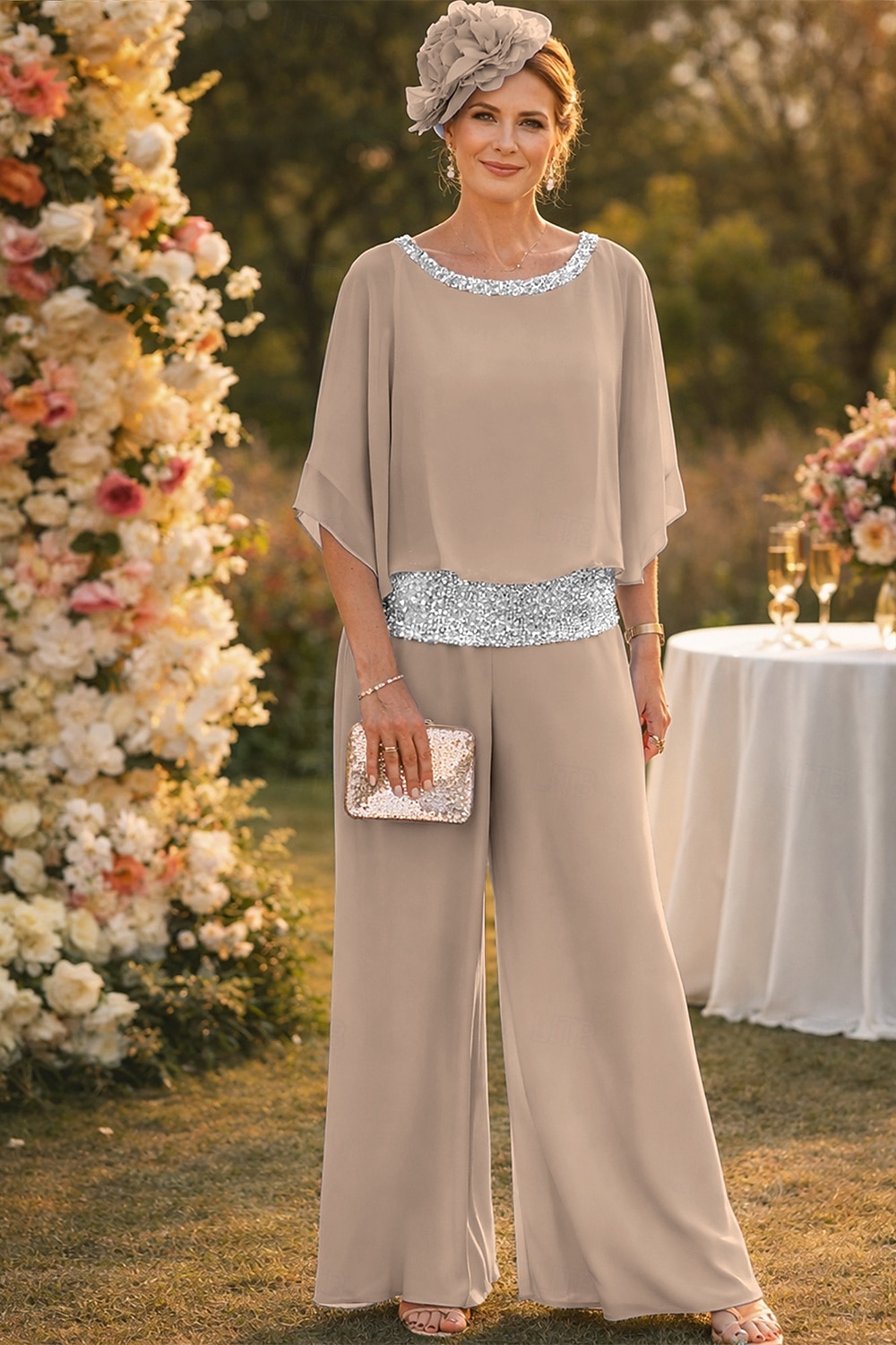 Tvådelad Byxor Golvlång Klänning till brudens mor Halvlång ärm Båthals Elegant Vintage Enkel Bröllopsgäst Helgdag Formell kväll Chiffong med Paljett 2026 - $76.99 –P7