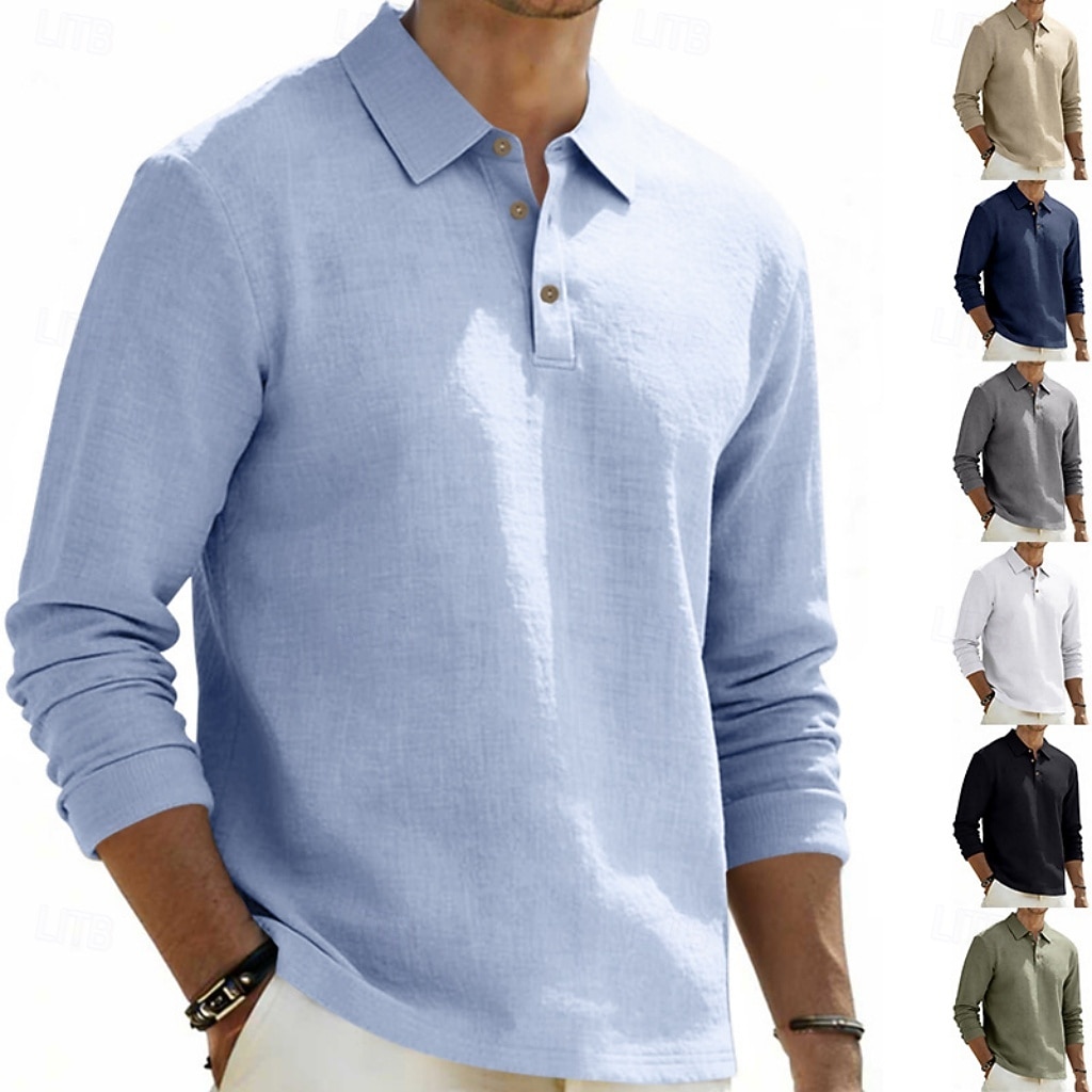 Men's Linen Shirt Polo Shirts Casual Street Lapel Long Sleeve Basic Modern Plain Buttons Spring Fall Regular Fit Black White Navy Blue Khaki Dark Grey Army Green Linen Shirt 2026 - $22.99 –P1