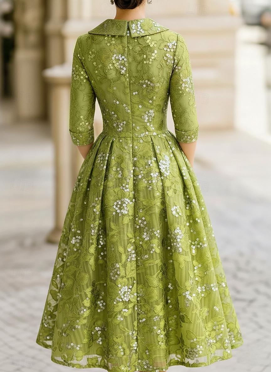 Ligne A Longueur thé Robe d'invité de mariage Robe de Mère de Mariée  Manche 3/4 Revers Élégant ancien Éclat & Brillance Formel robe demoiselle d honneur Kentucky Derby Chiffon Jacquard avec Imprim de 2026 ? $159.99 –P3